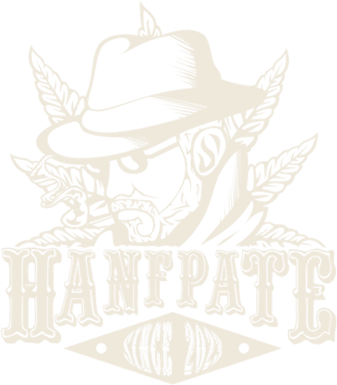 Hanf Pate Logo: der Pate mit Hut vor Hanfblättern